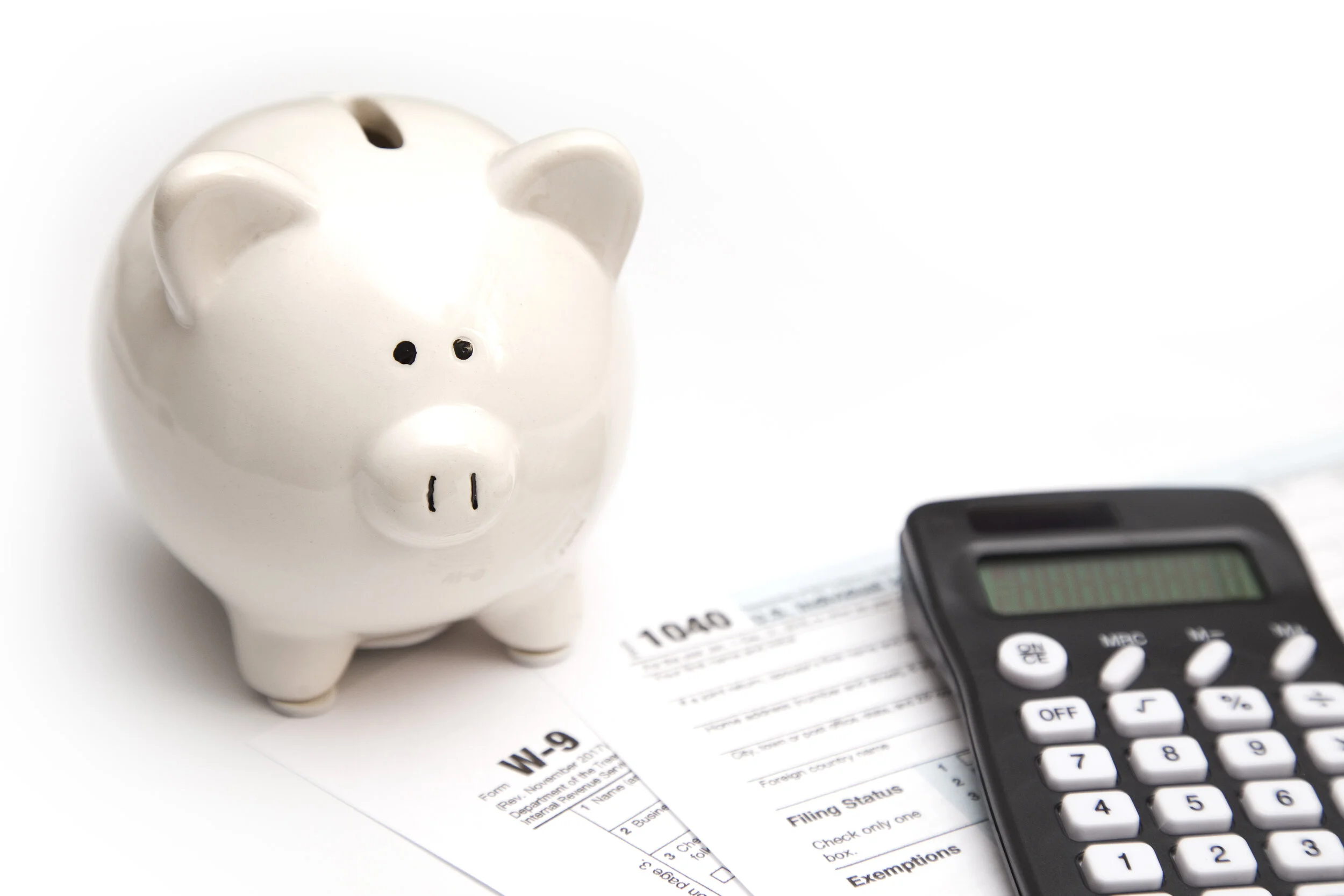 piggy bank with tax forms